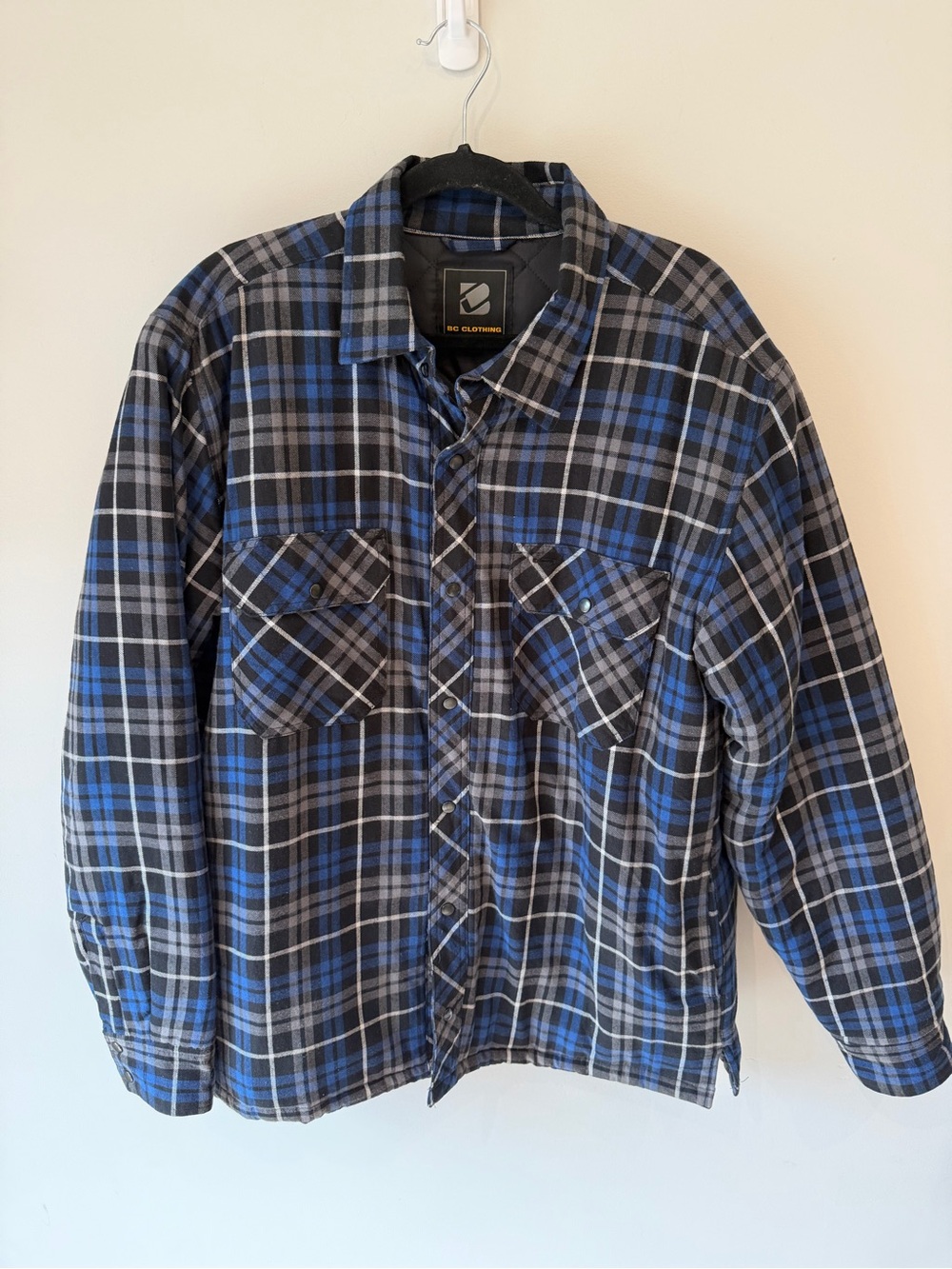 BC Clothing Men’s L/G Quilted Lined Plaid Flannel Shirt Jacket Blue Black